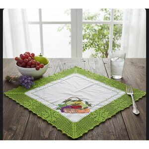 Handmade mexican tortilla napkin Tablecloth With Green Crocheted Border & Fruit